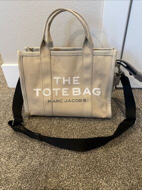 Marc Jacobs Beige Canvas Tote with Black Strap and White Logo